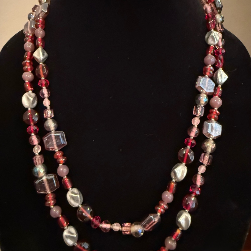 Burgundy, Pink, Purple and Silver Beaded Long Necklace